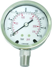 RUSTFRI Manometer Ø63 rs. studs nedad 1/4" BSP (0 til 600 Bar)