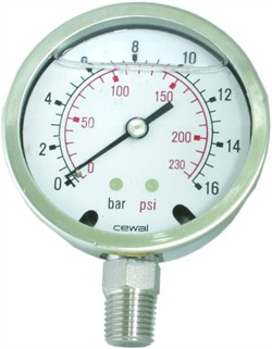 RUSTFRI Manometer Ø63 rs. studs nedad 1/4" BSP (0 til 600 Bar)